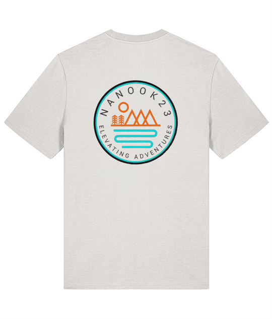 Back of the Birch White Nanook23 Mountains and Rivers t-shirt showing a large circular badge of orange mountains, trees and sun above a turquoise river.