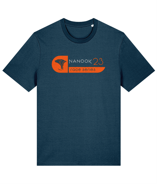 Fathom Teal dark teal Nanook23 Wipeout organic cotton t-shirt with the Race Series bear head logo and Nanook23 name in bright orange across the chest.