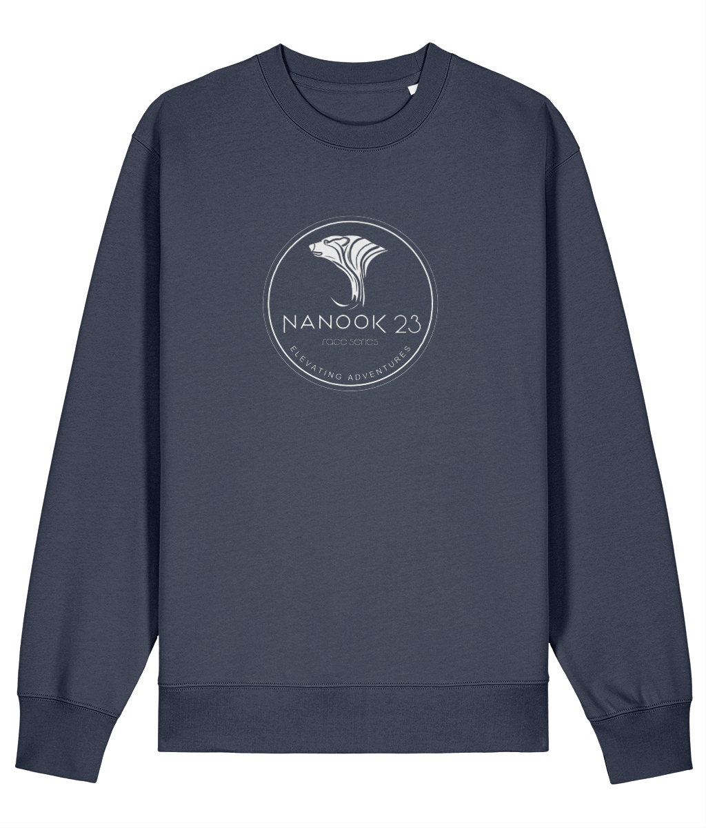 Storm Grey dark blue-grey Nanook23 Race Series Stamp organic cotton sweatshirt with a white circular badge of a stylised polar bear head above the Nanook23 name on the chest