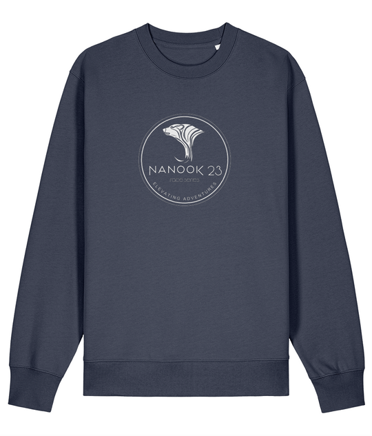 Storm Grey dark blue-grey Nanook23 Race Series Stamp organic cotton sweatshirt with a white circular badge of a stylised polar bear head above the Nanook23 name on the chest
