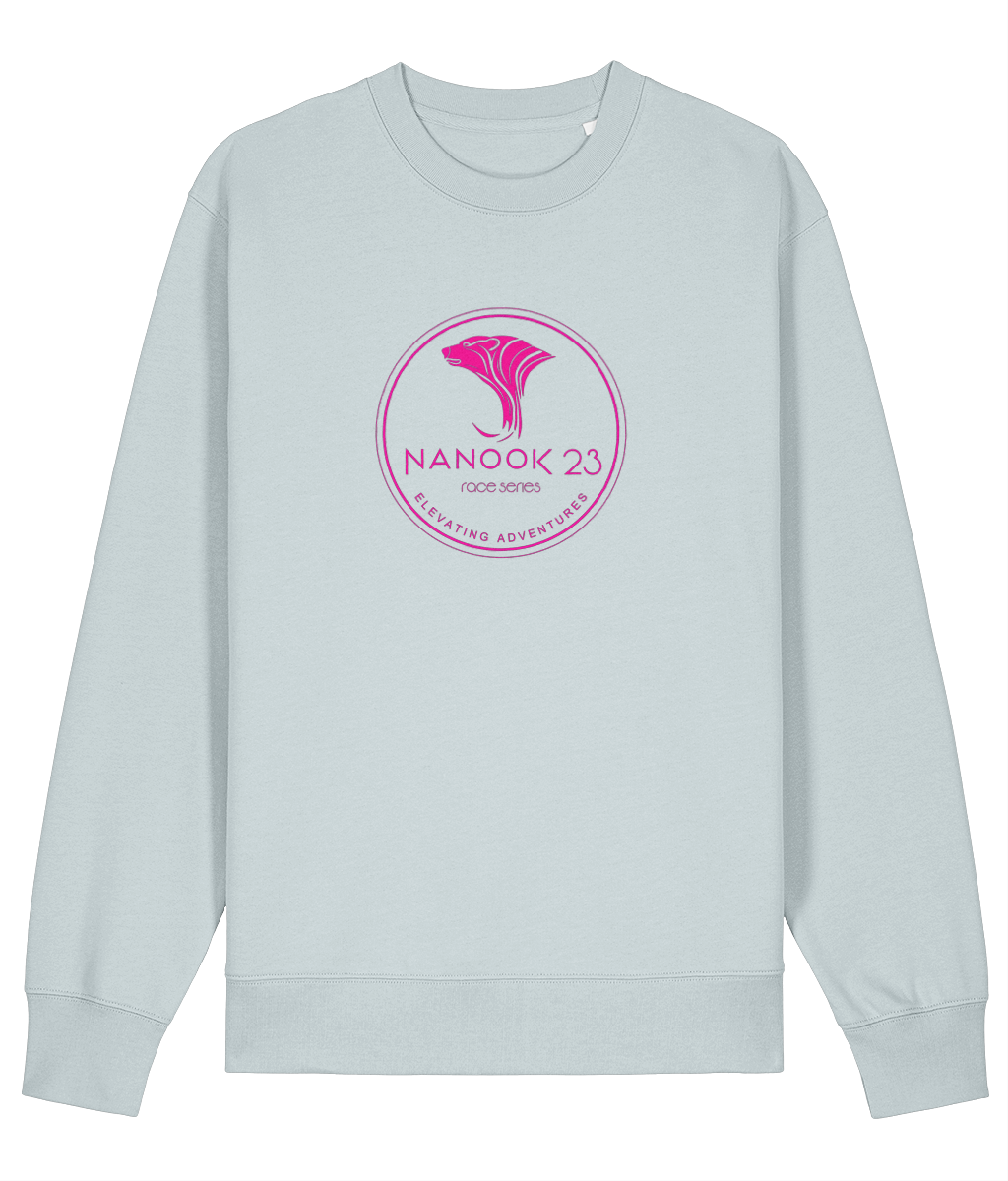 Glacier Blue pale blue Nanook23 Race Series Stamp Pink organic cotton sweatshirt with a pink circular badge of a stylised polar bear head above the Nanook23 name on the chest.
