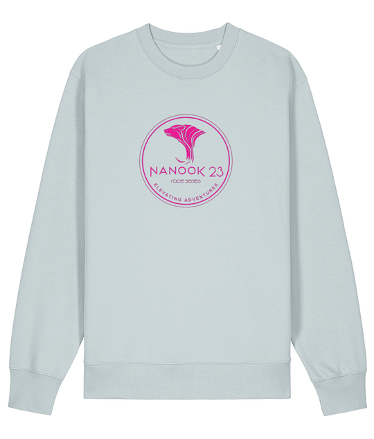 Glacier Blue pale blue Nanook23 Race Series Stamp Pink organic cotton sweatshirt with a pink circular badge of a stylised polar bear head above the Nanook23 name on the chest.