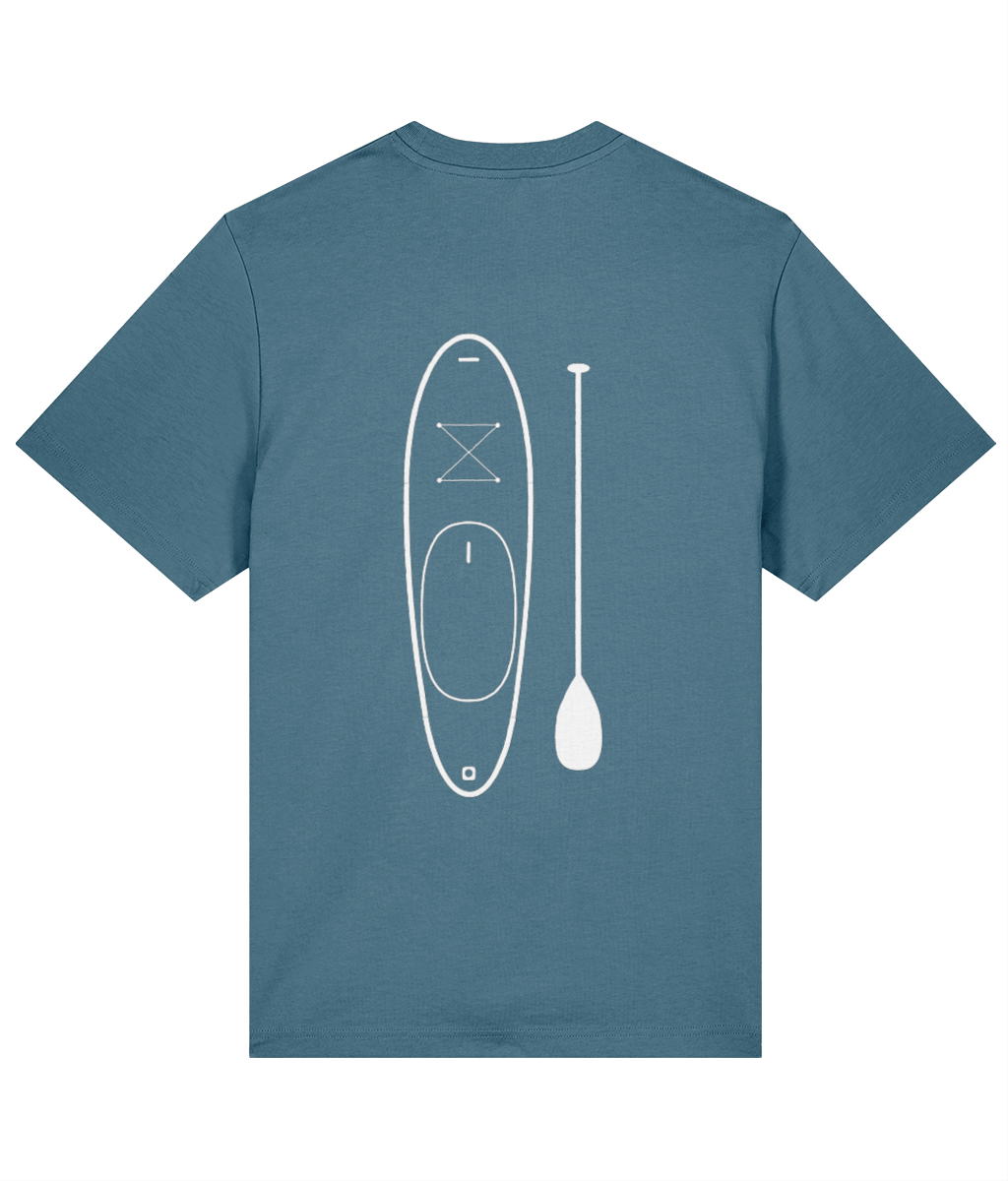 Back of the Loch Blue Nanook23 Paddleboard t-shirt with a large white line drawing of a paddleboard and paddle.