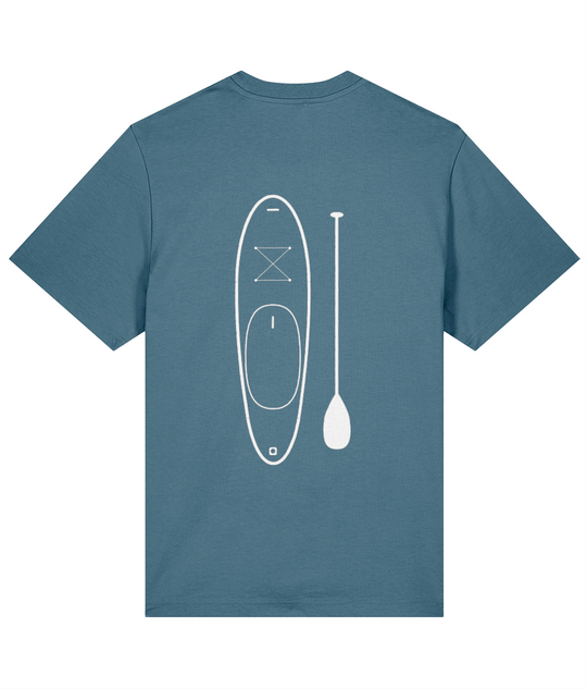 Back of the Loch Blue Nanook23 Paddleboard t-shirt with a large white line drawing of a paddleboard and paddle.