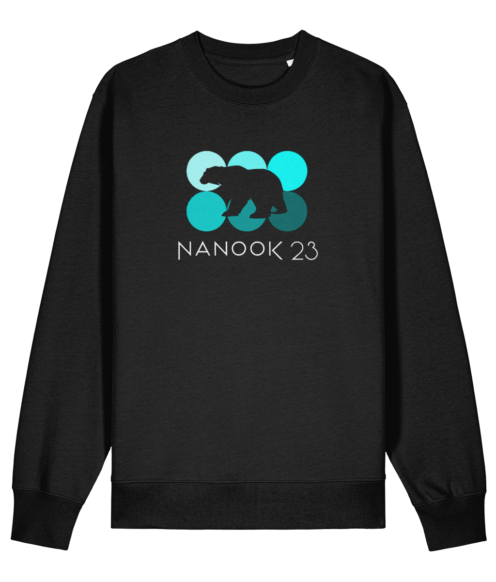 Black Nanook23 Mint Dots organic cotton sweatshirt with six circles in shades of turquoise, a polar bear silhouette cut out across them and the Nanook23 name below.