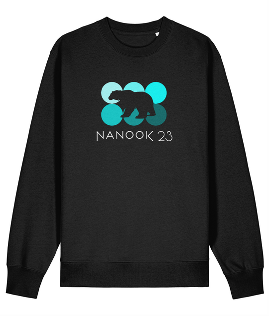 Black Nanook23 Mint Dots organic cotton sweatshirt with six circles in shades of turquoise, a polar bear silhouette cut out across them and the Nanook23 name below.